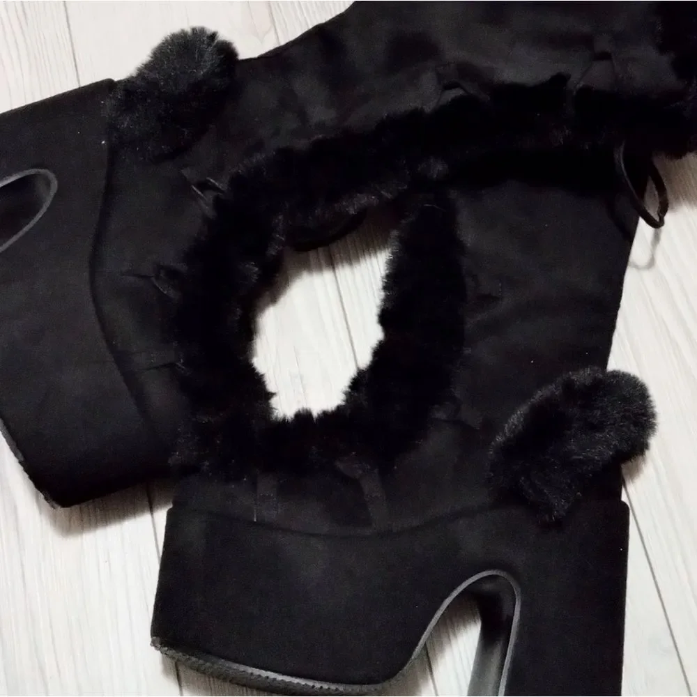 (T-4370) Platform Snow Boots for Women Furry Cozy Knee High Boots Sz 35 (4.5)